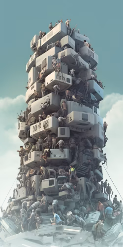 Surreal Monument of Crowded Structures Filled with People Climbing and Exploring