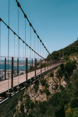Suspension Bridge Spanning A Scenic Valley With Cityscape Background