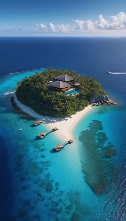 Tropical Island Resort With Beach and Azure Lagoon Under Blue Sky