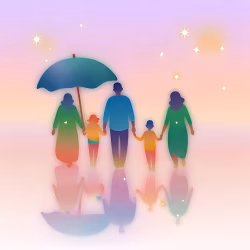 Vibrant Family Silhouette Holding Hands at Sunset with Dreamy Reflections
