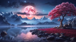 Vibrant Landscape with Pink Tree Under Starlit Sky and Full Moon