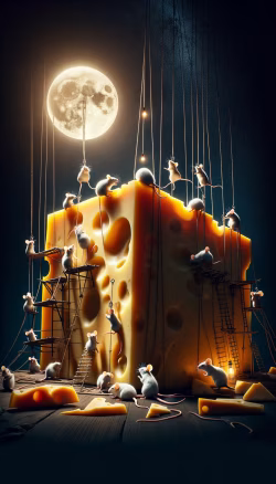 Whimsical Scene of Mice Working on a Giant Cheese Under the Moonlight