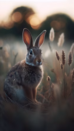Wild Rabbit in Gentle Meadow at Golden Sunset Backlight