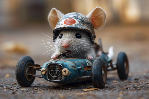 Adorable Mouse Racing in a Tiny Vintage Car Wearing a Helmet