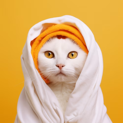 Adorable White Cat Wrapped in Cozy Fabric with Bright Orange Background