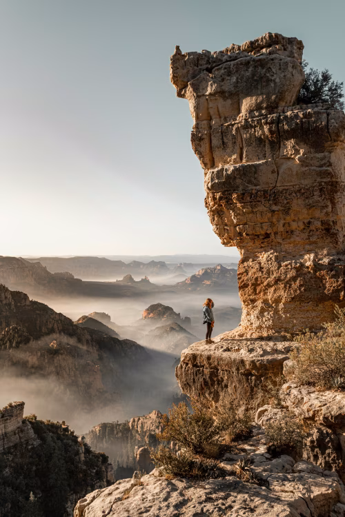 Adventurer Standing on Cliff Overlooking Grand Canyon Under Clear Sky