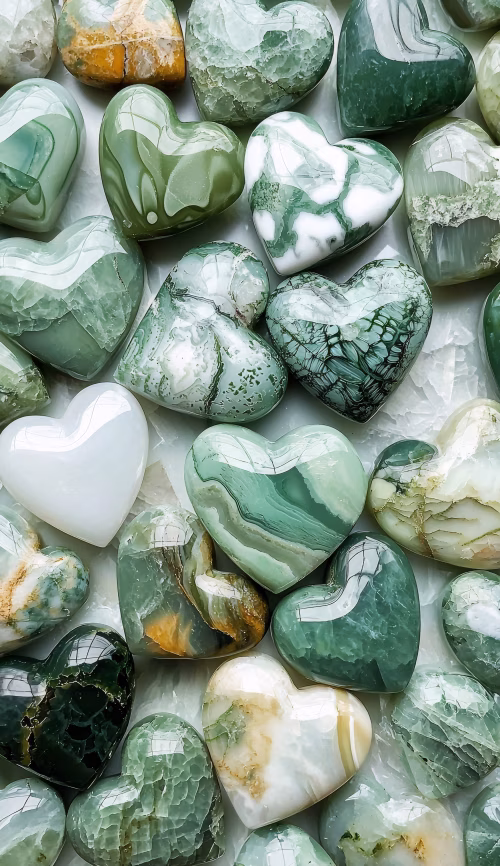 Beautiful Polished Green and White Stone Hearts in a Decorative Arrangement