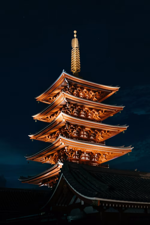 Beautifully Lit Traditional Japanese Pagoda Against a Night Sky