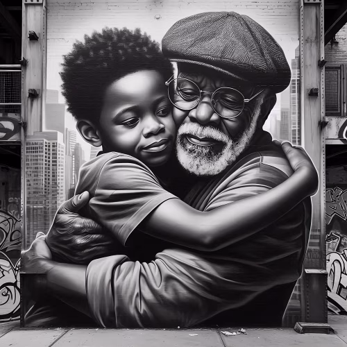 Black and White Wall Art of Grandfather and Child Embracing