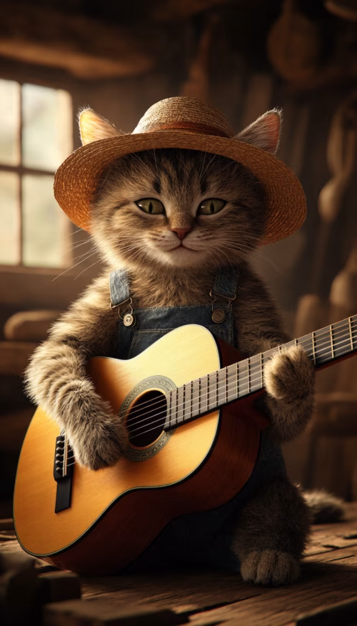 Cat Wearing Hat and Overalls Playing a Guitar in Rustic Setting