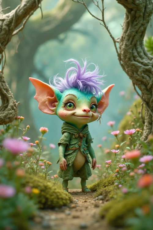 Charming Fantasy Creature Standing Amid Colorful Flowers in a Forest