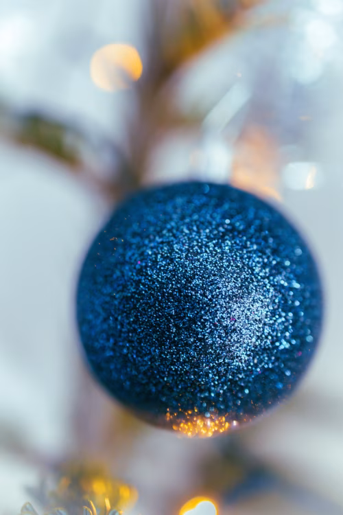 Close-Up of a Sparkly Blue Ornament on a Christmas Tree Branch