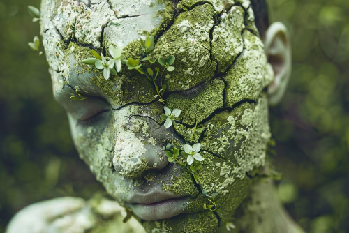 Close-Up of Face Merging with Nature Through Moss and Flowers