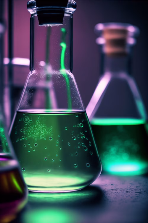 Close-Up of Laboratory Flasks Illuminated by Vibrant Green and Purple Lights