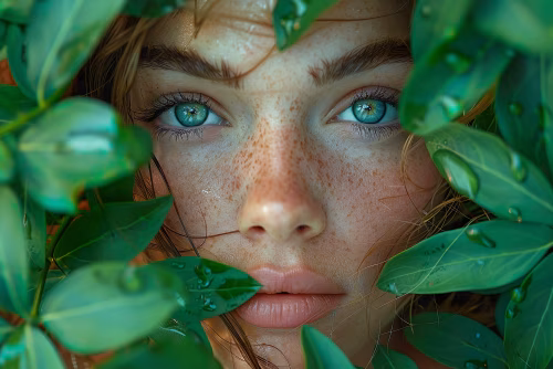 Close-Up Portrait of a Freckled Woman Among Lush Green Leaves