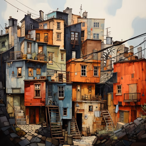 Colorful Urban Landscape Depicting a Cluster of Quaint Unique Buildings