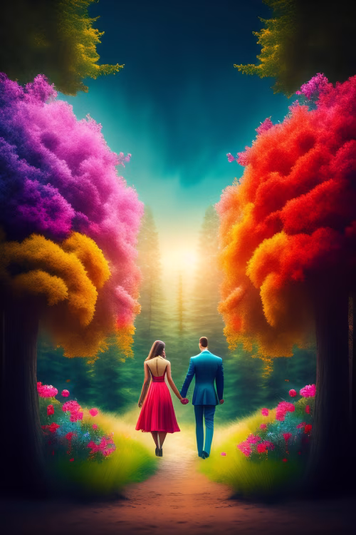 Couple Walking in a Dreamlike Forest with Vibrant Multicolored Trees