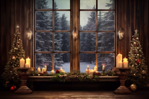 Cozy Holiday Scene With Decorated Trees, Candles, and Snowy Forest View