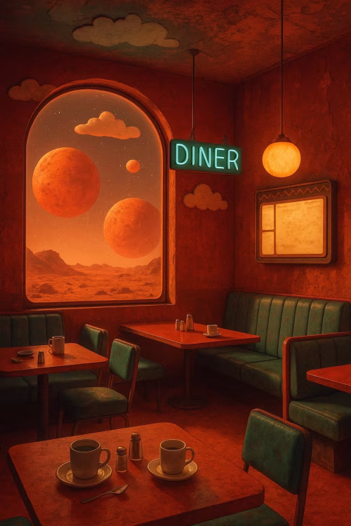 Cozy Retro Diner Interior Under an Alien Sky With Planets