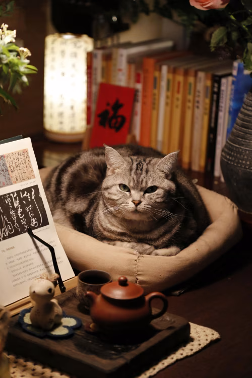 Cozy Scene with Cat, Books, and Traditional Tea-Set Indoors