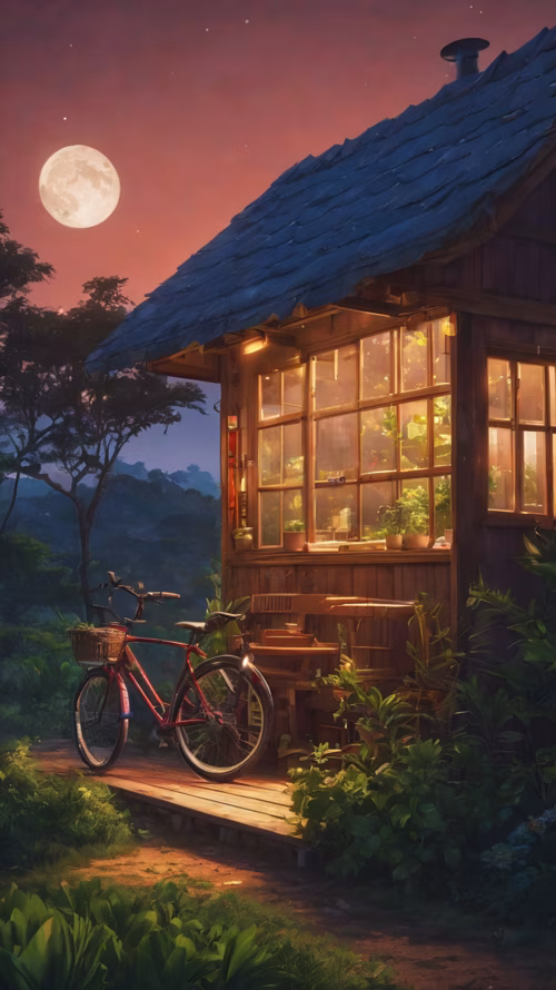 Cozy Wooden Cabin at Night Amidst Nature Under Moonlight