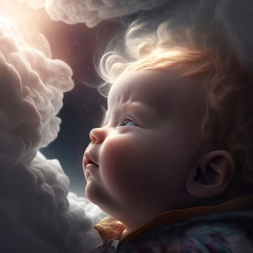 Curious Young Child Gazing at Radiant Clouds in a Dreamlike Setting