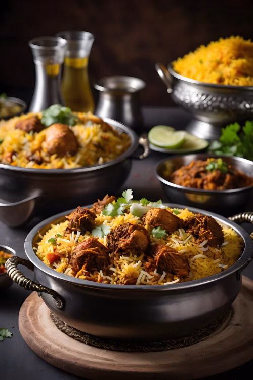 Delicious Chicken Biryani with Aromatic Spices Served in Traditional Kitchenware