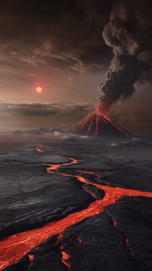 Dramatic Volcanic Eruption with Lava Flowing Across Rugged Terrain