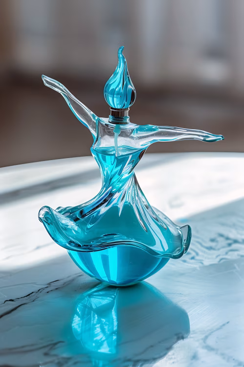 Elegant Blue Glass Perfume Bottle with Abstract Fluid Design