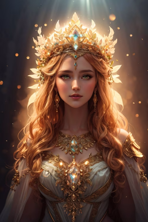 Elegant Golden-Clad Woman with a Radiant Crown and Decorative Jewelry