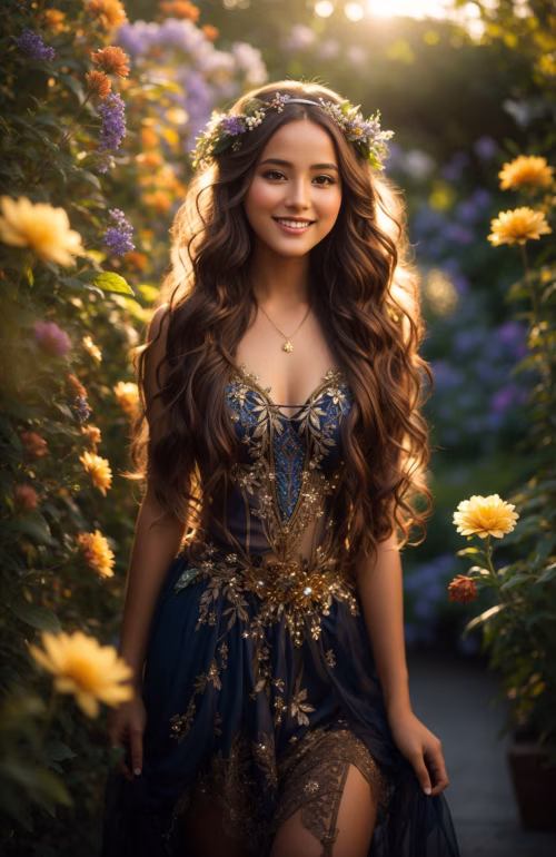 Elegant Woman in Floral Dress in Garden During Golden Hour