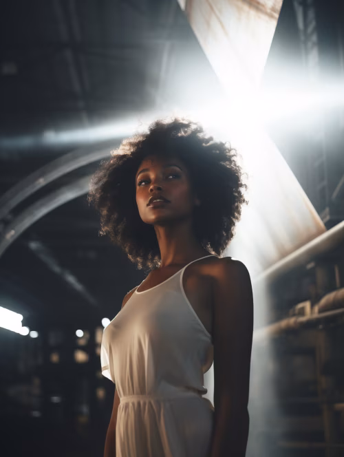 Elegant Woman in White Dress Posing Gracefully in Industrial Lighting Ambiance