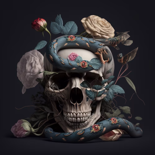 Ethereal Skull Composition with Snake, Roses, and Intricate Details