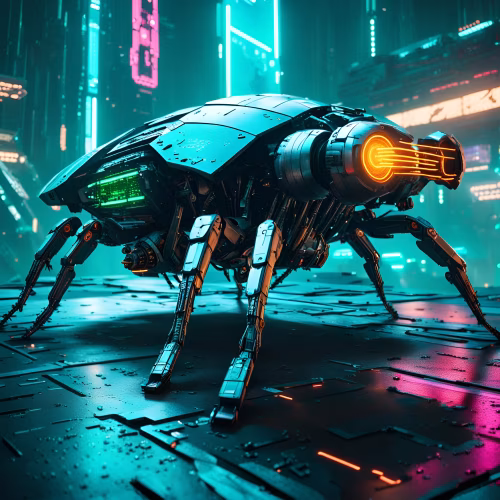 Futuristic Robotic Insect in Vibrant Neon Cyberpunk Environment