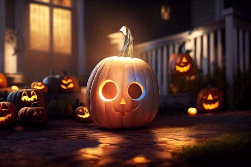 Glowing Carved Pumpkin Decorations Lit for a Festive Halloween Evening