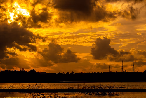 Golden Sunset Over Calm Water With Silhouetted Trees And Towers At Horizon