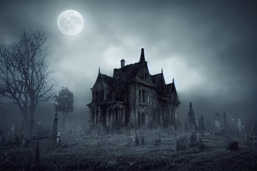 Haunted Mansion at Night Surrounded by Fog and Graveyard