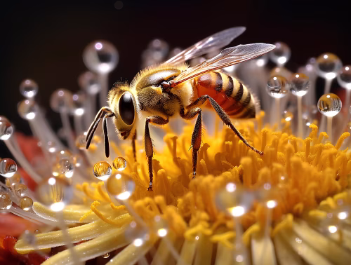 Macro Shot of a Bee on a Flower with Dewdrops Highlighting Nature's Beauty