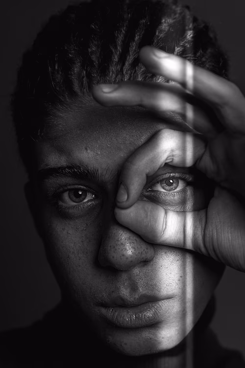 Mysterious Monochrome Portrait with Thoughtful Expression and Dramatic Lighting