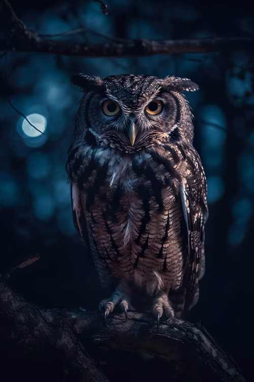 Mysterious Owl Perched on Branch in Moonlit Nocturnal Forest