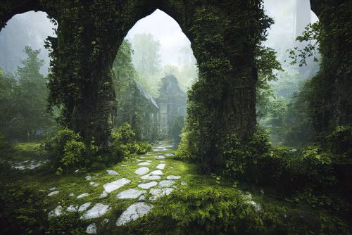 Mystical Forest Archway Leading to Ancient Ruins Surrounded by Lush Greenery