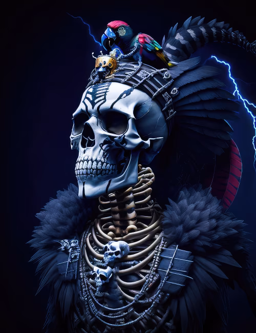 Mystical Skeleton Adorned with Feathers, Skulls, and a Vibrant Parrot