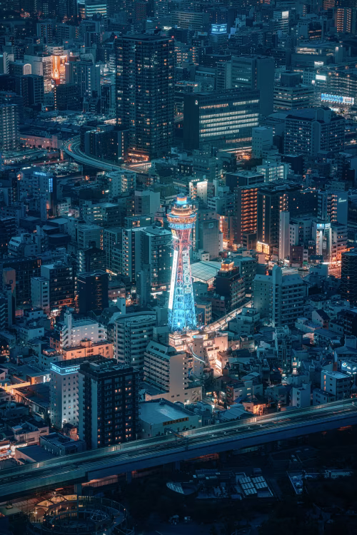 Night Skyline Featuring Illuminated Tower in Urban Japanese City