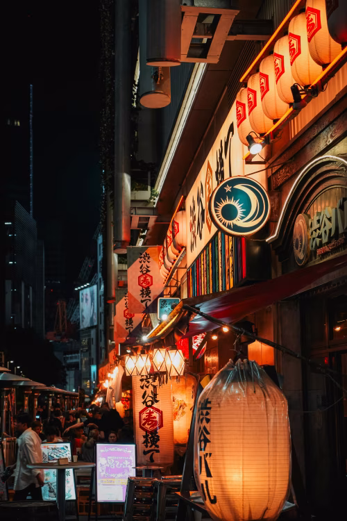 Nighttime Japanese Alley with Lanterns, Lights, and Cozy Atmosphere