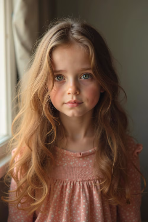 Portrait of a Young Girl with Light Hair Wearing a Pink Polka Dot Dress