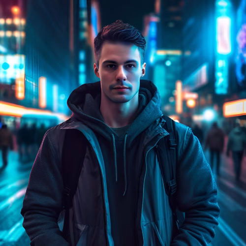 Portrait of a Young Man in an Urban Neon Night Setting