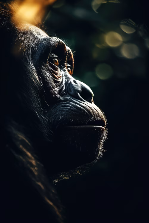 Profile of a Thoughtful Chimpanzee in Dramatic Lighting and Green Background