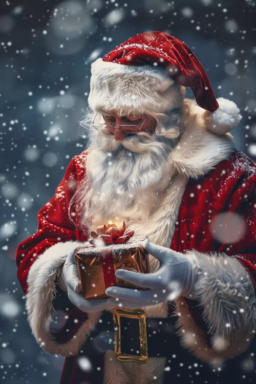 Santa Claus Holding a Gift Amid a Snowy Christmas Scene