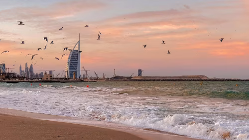 Scenic Beach Sunset with Tall Landmark Building and Birds in Motion
