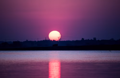 Serene Sunset Over Calm Water With Pink Sky and Silhouetted Horizon at Dusk, Glowing Sun